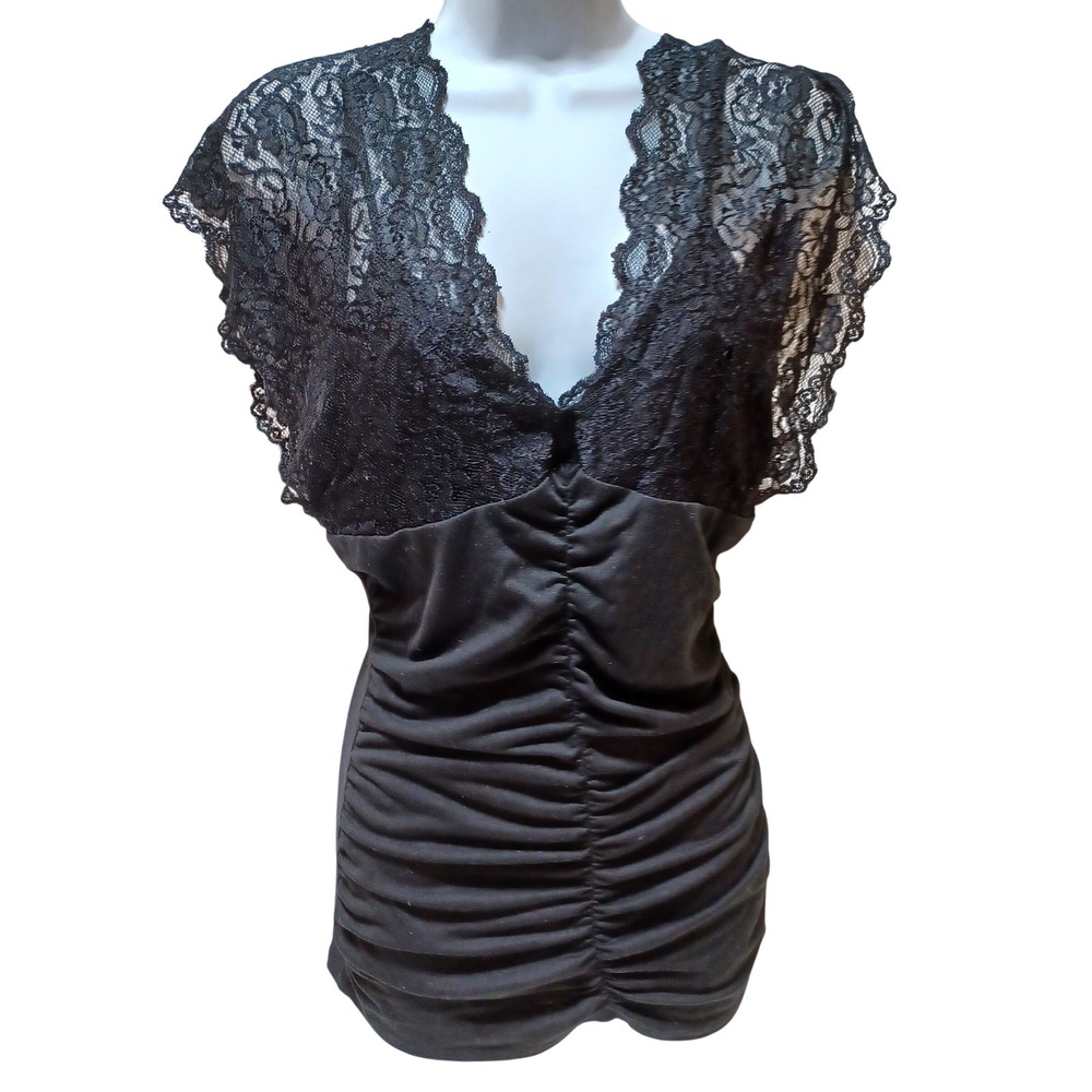 VTG Y2K Lace Babydoll Top Women M Black Ruched Fairy Grunge Whimsigoth Going Out